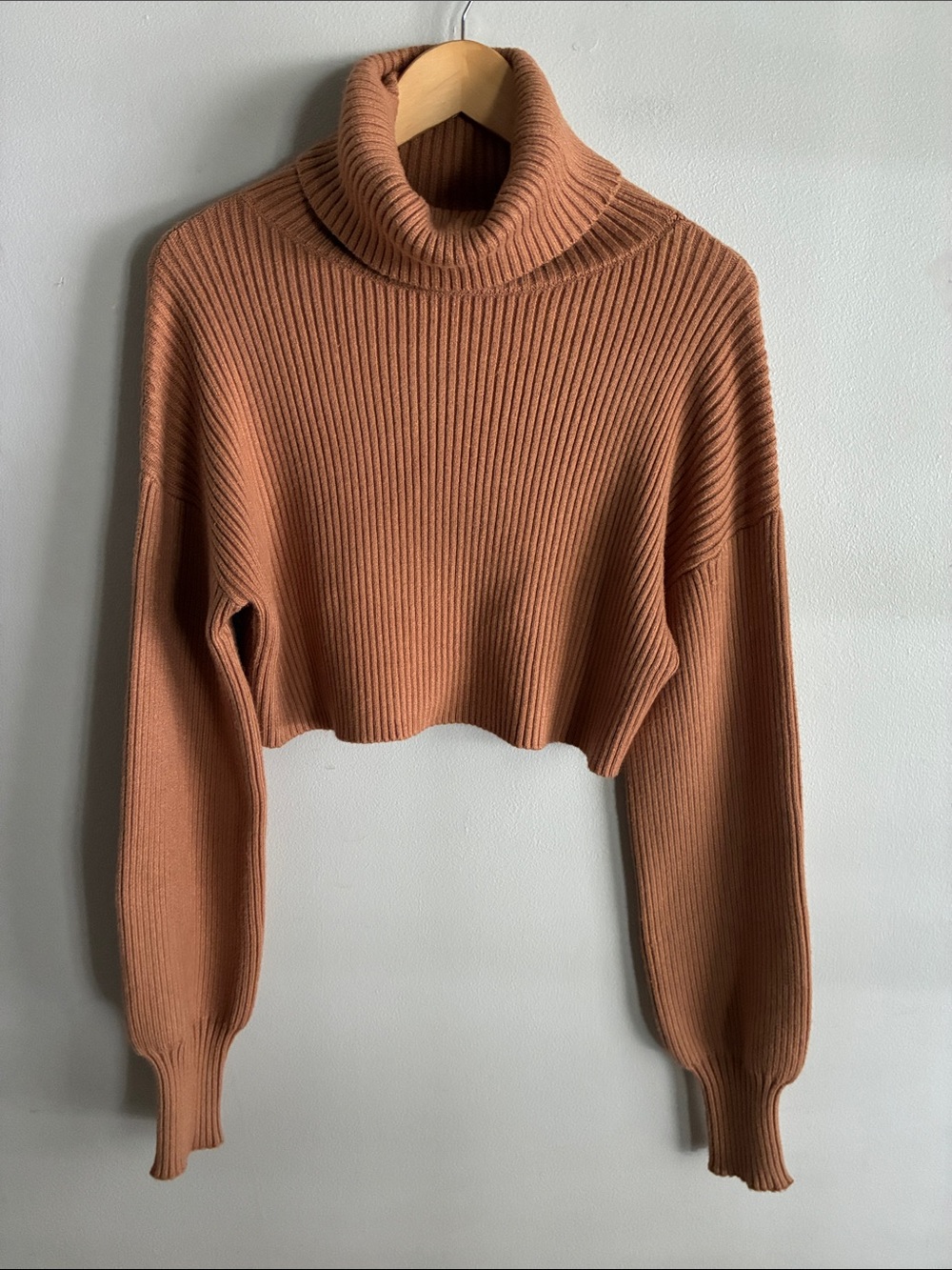 Brown Ribbed Cropped Turtleneck Sweater M Oversized Balloon Sleeve Boxy